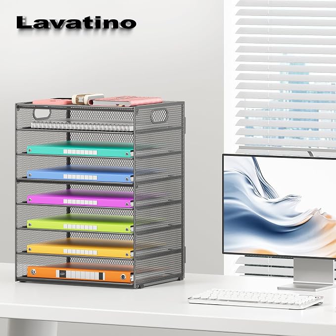 Lavatino 2 Pack 8-Tier Office Desk File Organizer, Letter Tray Paper Organizer with Handle, Including 5 Adjustable Slide Trays for Organizing Desk Workspace Accessories and Supplies (Grey Metal Mesh) - Image 4