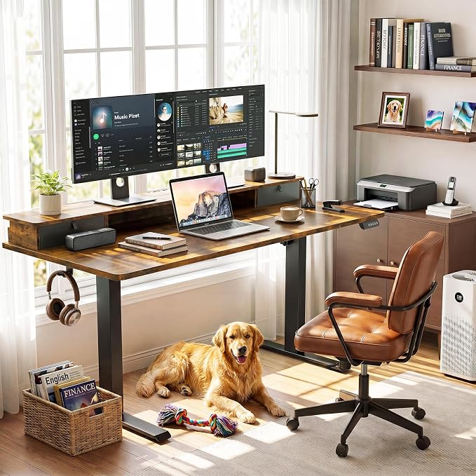 Veken 63x28 in Electric Standing Desk with Drawers, Adjustable Table, Brown | Stand up Computer Desk for Home Office, Work & Study, with Storage, 3 Memory Presets, Cable Organizer, Hook, and Quiet Lift. - Image 2