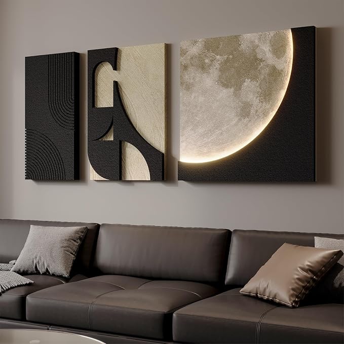 3D LED Abstract Wall Art for Living Room, 3 Piece Neutral Geometric Relief Artwork with Moon Design, Modern Minimalist Black Beige Paintings Wall Decor for Bedroom Dining Room Hallway Entryway Office - Image 5