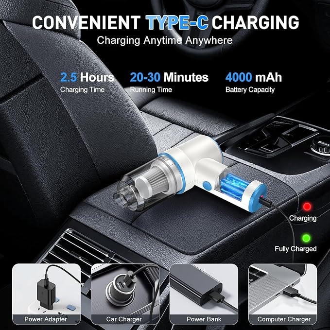 KMM Handheld Car Vacuum Cleaner, 9000PA Vacuum Cleaner & Air Duster, 120W High Power Vacuum Portable Cordless, Hand Held Vacuum Rechargeable with Multi-Nozzles & LED Light for Home, Car, Office - Image 5
