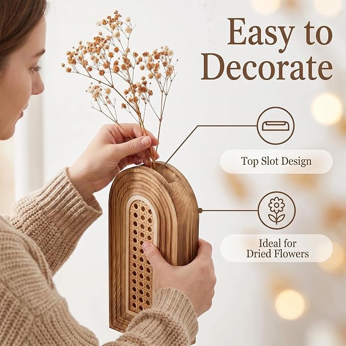 Dnnnii 2 Pack Wooden Wall Vase Set - Brown Finish Hollow Rattan Modern Farmhouse & Boho Wall Decor for Entryway, Hallway, Bathroom, Living Room, Dining Room, Narrow Spaces - Image 4