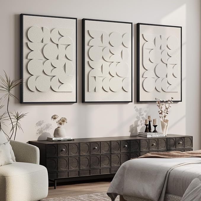 Large 3D Textured Framed Abstract Wall Art for Living Room, Set of 3 Modern White Paintings Artwork for Walls, Minimalist All White Geometric Pictures for Bedroom Hallway Office Wall Decor 24x36 In - Image 4