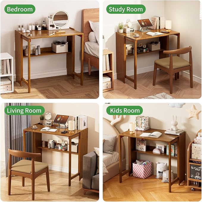 Folding Desk for Small Spaces, Bamboo Foldable Desk with Storage, Brown | Small Computer Desk with Bookshelf, Mid Century, Fold Out，Compact Size, for Bedroom, Living Room, Apartment, Home Office - Image 6