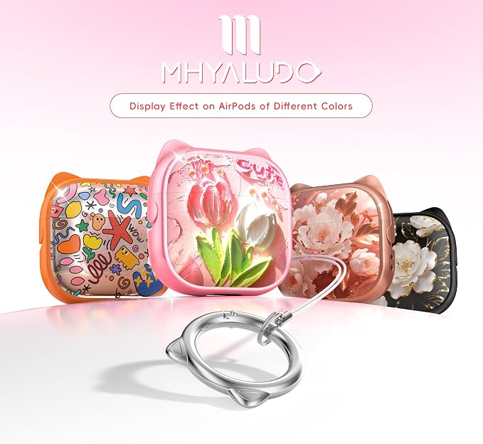 for AirPods 4 Case with Cleaning Kit, Cute Cat Ear Print Design & Cute Buckle, Inverted Phone Holder Design, Top Safe Lock Buckle Design, for Girls AirPods 4 case 2024, Tulip - Image 6