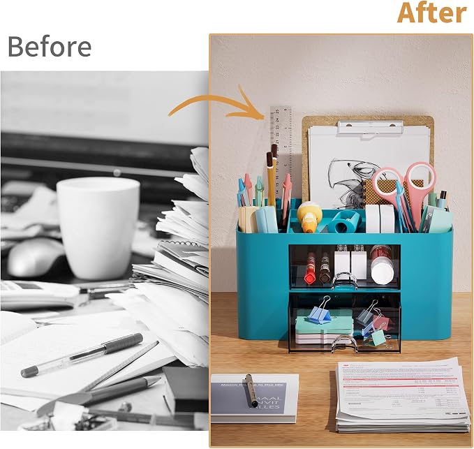 Marbrasse Pen Organizer with 2 Drawer, Multi-Functional Pencil Holder for Desk, Desk Organizers and Accessories with 5 Compartments + Drawer for Office Art Supplies (Dark Green) - Image 7