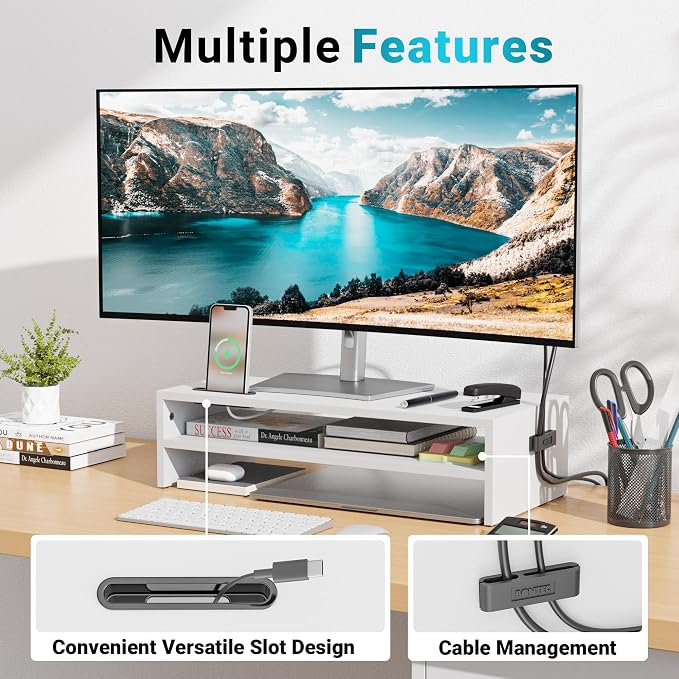 BONTEC Wood Monitor Stand Riser, 2-Tier Desktop Organizer | Ergonomic Computer Stand for Desk, Cable Management, Cellphone Holder, 21.3 Inch Shelf, White - Image 4