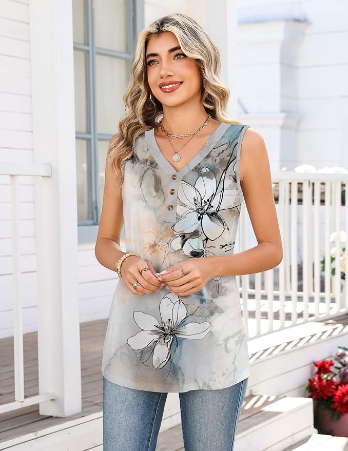 Zeagoo Tank Tops for Women 2026 Summer Top Henley Shirts Dressy Casual Loose Fit V-Neck Button Down Sleeveless Tshirt Blouse - Image 3