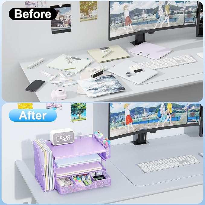 gianotter Wood Desk Organizers and Accessories with File Holder, 4-Tier Desk Accessories & Workspace Organizers with Drawer and 2 Pen Holder, Desk Reference Organizer (Purple, 4T with Metal Drawer) - Image 2