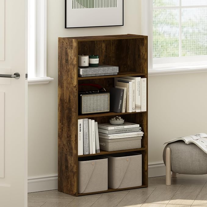Furinno PASIR Book Shelf, 4-Tier Bookshelf, Bookcase with Open Shelf, 9.4 x 23.6 x 41.7, for Living Room, Bedroom, Home Office, Amber Pine - Image 2