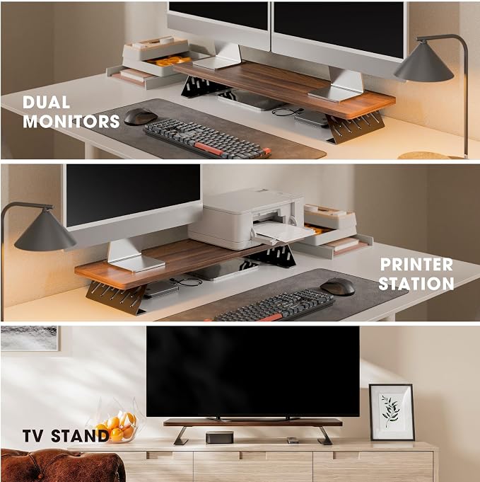 Fenge Monitor Stand Riser, 31.5 Inch Desk Top Shelf for 2 Monitors, Computer Stands for Desk, Wood & Steel Desktop Riser for Laptop, PC, Printer - Image 7