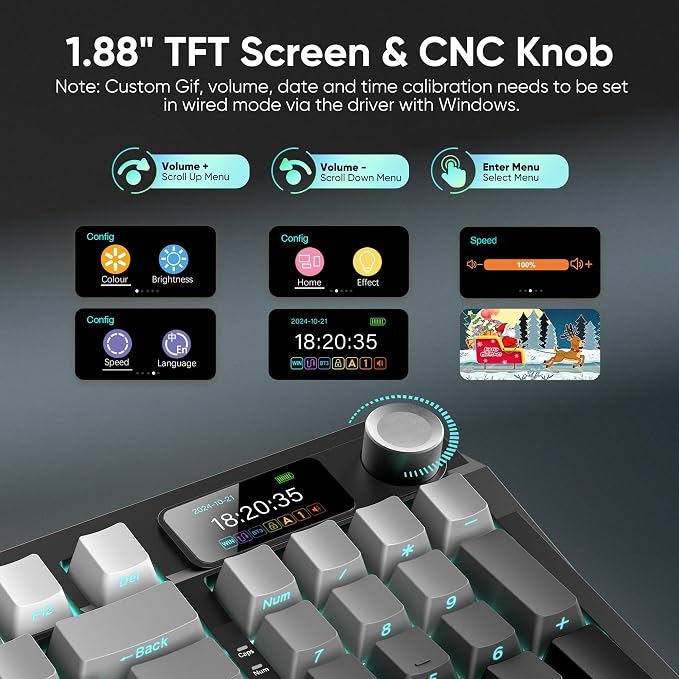 RedThunder K95 Wireless Mechanical Keyboard,TFT Screen & Knob, Trip-Modes Connection, Gasket Custom Hot-Swap Keyboard, RGB Backlit, Pre-lubed Linear Switches, Side Printed PBT Keycaps, Gray Gradient - Image 3