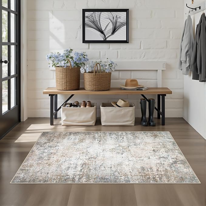 Washable Area Rug 3x5 Entryway Rug: Washable Modern Abstract Soft Thin Rug Indoor Floor No Slip Stain Resistant Carpet for Bedroom Dining Room Farmhouse Nursery Home Office - Brown Grey - Image 3
