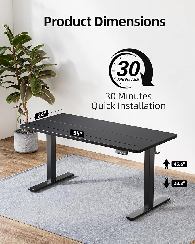 TIQLAB Standing Desk 55 x 24 inch, Electric Height Adjustable with Splice Board, Stand Up Desk, Sit Stand Desk Computer Desk for Home Office, Black Frame/Black Top - Image 3