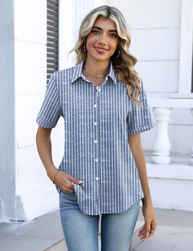 Zeagoo Button Down Shirts for Women Short Sleeve Collared Tops Dressy Casual V Neck Blouses - Image 5
