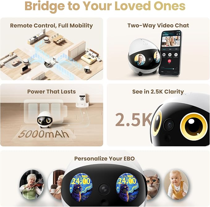 Enabot EBO Air 2S Mobile Robot Camera: 2.5K FamilyBot with Two-Way Video | Whole-Home Mobility, Custom Facial Image, Auto-Recharge, Night Vision, Long Distance Gift for Family/Pets - Image 2