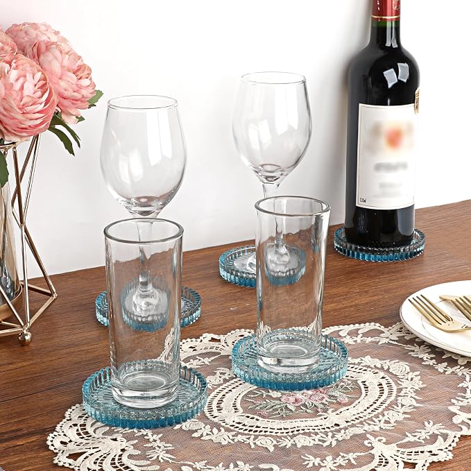 Modern Clear Coaster Set of 5- Glass Coasters for Drinks Crystal Coasters Round Cup Mat Coffee Table Decor for Office, Kitchen, Bar, Dining Room, Living Room, Patio(Clear Blue) - Image 2