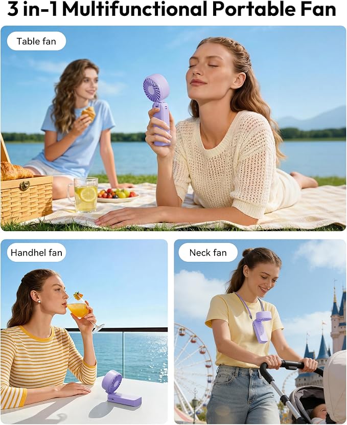 Gaiatop Portable Handheld Fan, 5 Speed Rechargeable Battery Max 18 Working Hours, 3 IN 1 Neck/Desk/Hand Fan Cooling for Travel, Beach, Women/Men Outdoor Activities Gifts - Purple - Image 4