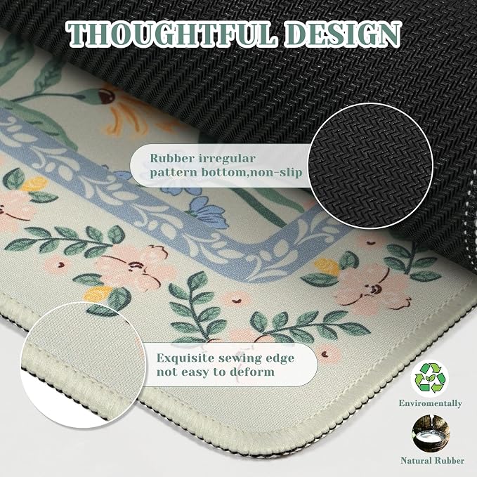 iCasso Aesthetic Flower Mouse Pad,23.6x13.7in, Green Floral | Desk Pad Mat, Desk Matt for Desktop Anti-Slip Mousepad with Stitched Edges for Laptop Computer Keyboard - Image 4