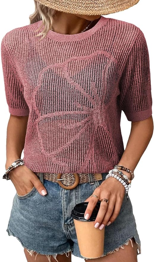 Dokotoo Womens Summer Short Sleeve Crochet Tops Hollow Out Floral Sweaters Beach Vacation Cruise Outfits by Dokotoo