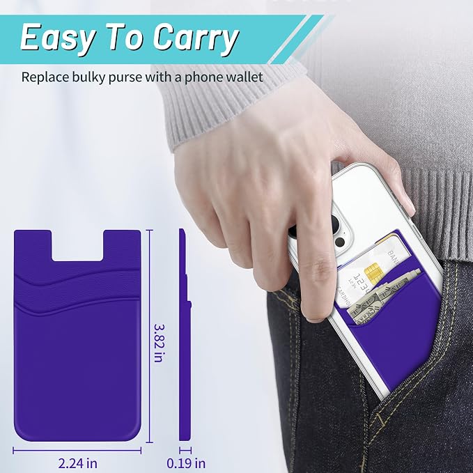 SHANSHUI Phone Card Holder, 3 Pack Cell Phone Sleeves Silicone Wallet for Credit ID Business Card Pocket Fitting for iPhone, Android and Most Smartphones - Black Purple Blue - Image 4