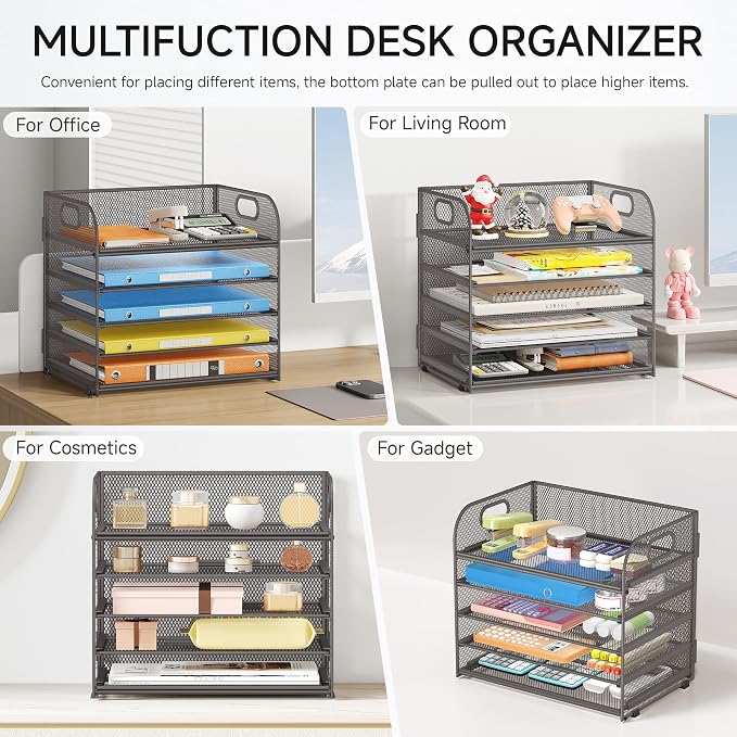 Lavatino 5 Tray Desk File Organizer, Mesh Paper Sorter Letter Tray Organizer with Handle, Desktop File Organizer and Storage for Letter/A4 Office File Folder- Grey - Image 5