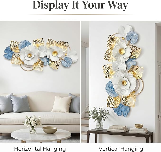 Axioglo 59" Large Wall Decor,3D Floral Metal Wall Art for Living Room | 59" x 27" metal wall decor with layered metal texture, mounting hardware, two-way display - Image 4