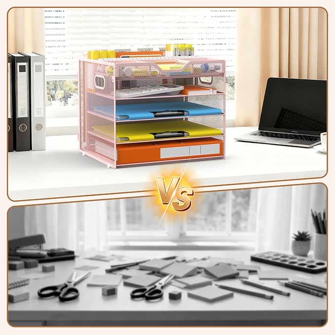 Docnest 5 Tier Desk Organizer with Hanging File Folder Holder&Tray, Pink | Features 3 detachable pen holders and 4 removable dividers.Versatile mesh desktop storage for mail, document,office supplie - Image 5