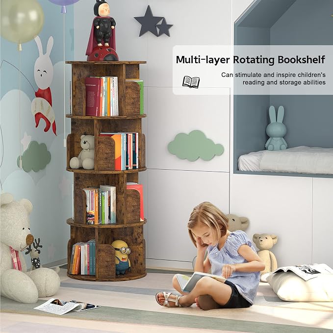 Aheaplus Rotating Bookshelf, Small Corner Bookshelf for Small Space, 360 Display 4 Tier Floor Standing Bookcase Storage Rack, Wood Narrow Book Shelf Organizer for Bedroom, Living Room, Rustic Brown - Image 5