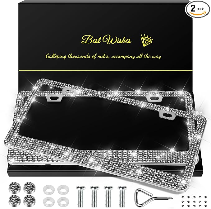 QUANQIUFEI 2 Pack Bling License Plate Frames for Women, Sparkly Rhinestone Diamond Car Accessories with Glitter Crystal Caps (Gilded Black) by QUANQIUFEI