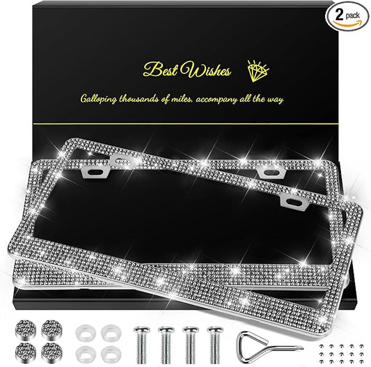 QUANQIUFEI 2 Pack Bling License Plate Frames for Women, Sparkly Rhinestone Diamond Car Accessories with Glitter Crystal Caps (Gilded Black) by QUANQIUFEI