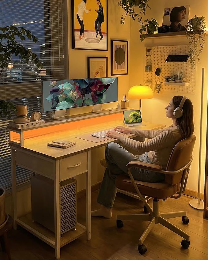 TIQLAB Computer Desk with 4 Drawers, 47 Inch Gaming Desk with LED Lights & Power Outlets, Home Office Desk with Monitor Stand, Study Writing Work Desk for Bedroom, Maple - Image 7