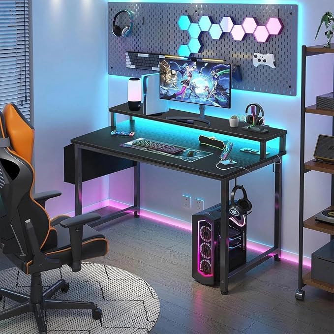 Lufeiya Small Desk with Power Outlets and LED Lights, 32 Inch Teen Writing Study Table Home Office Computer Desks with Monitor Stand, Gaming Desk with Charging Station, Black - Image 2