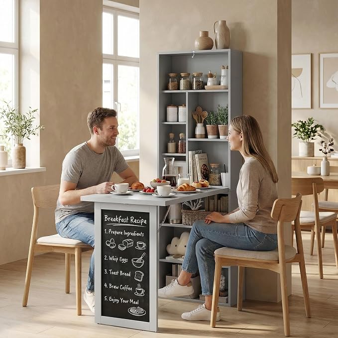 HOMCOM Foldable Desk Wall Mounted Convertible Table for Small Spaces, Gray | Wall Mounted, Space-Saving, Chalkboard, Storage Shelves, for Small Spaces, Home Office, Bedroom, Dorm, Apartment - Image 8