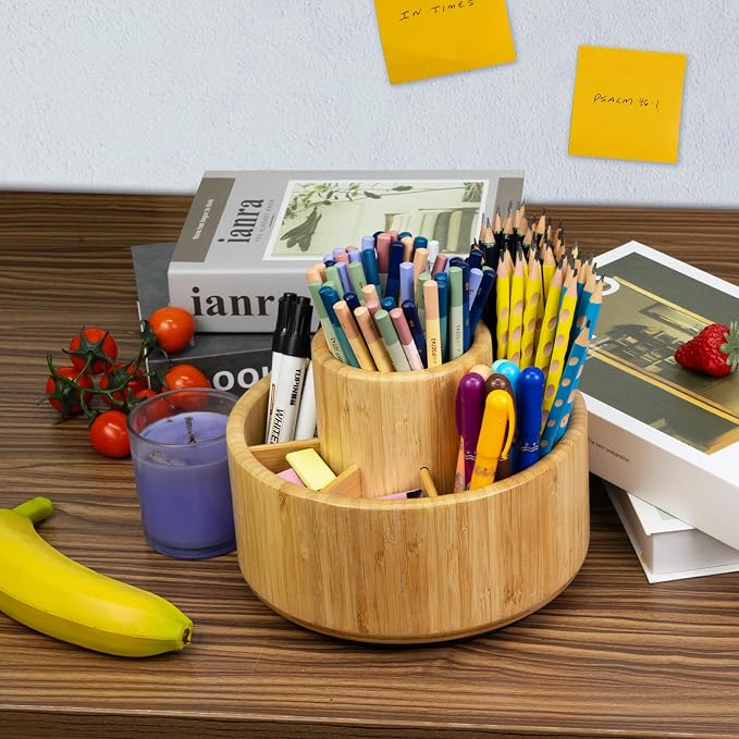 Utoplike Bamboo Rotating Art Supply Desk Organizer, Pencil Holder Desktop | Desktop Storage Caddy for Pen, Colored Pencil, Crayon, Paint Brushes, Art Studio & Office - Image 6