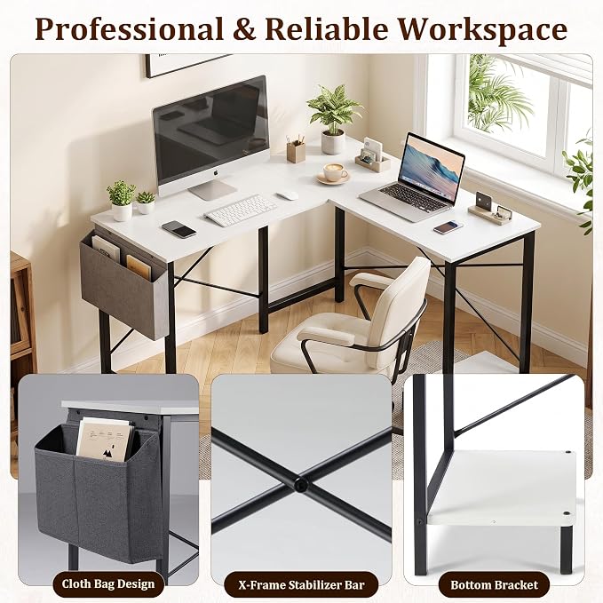 Alpen Corner Desk, L Shaped Gaming Desk with Storage Pocket and CPU Stand, Work Desk for Home Office, Small Corner Study Writing Table with Sturdy Metal Frame, 50 Inch, Classic White - Image 3