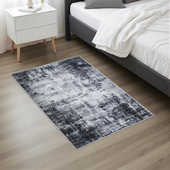 Washable Area Rug 2x3 Entryway Rug: Washable Modern Abstract Soft Thin Rug Indoor Floor No Slip Stain Resistant Carpet for Bedroom Dining Room Farmhouse Nursery Home Office - Dark Black - Image 3