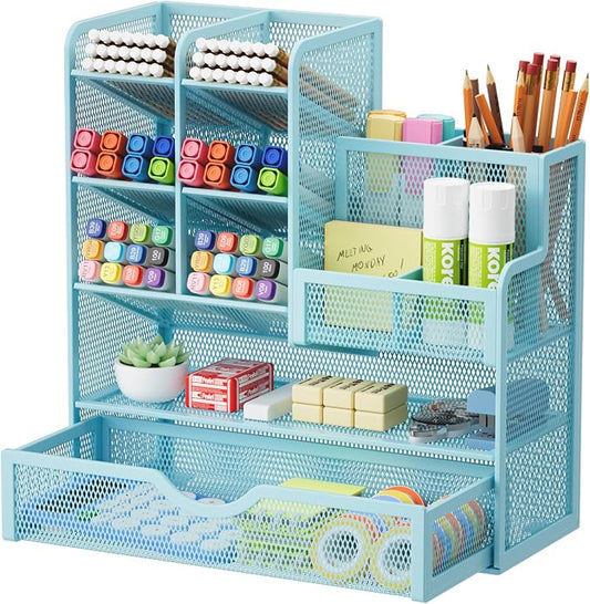 Marbrasse Mesh Pen Holder for Desk, Multi-Functional Pencil Organizer with Drawer, Desk Organizers and Accessories for Office Art Supplies (Blue) by Marbrasse