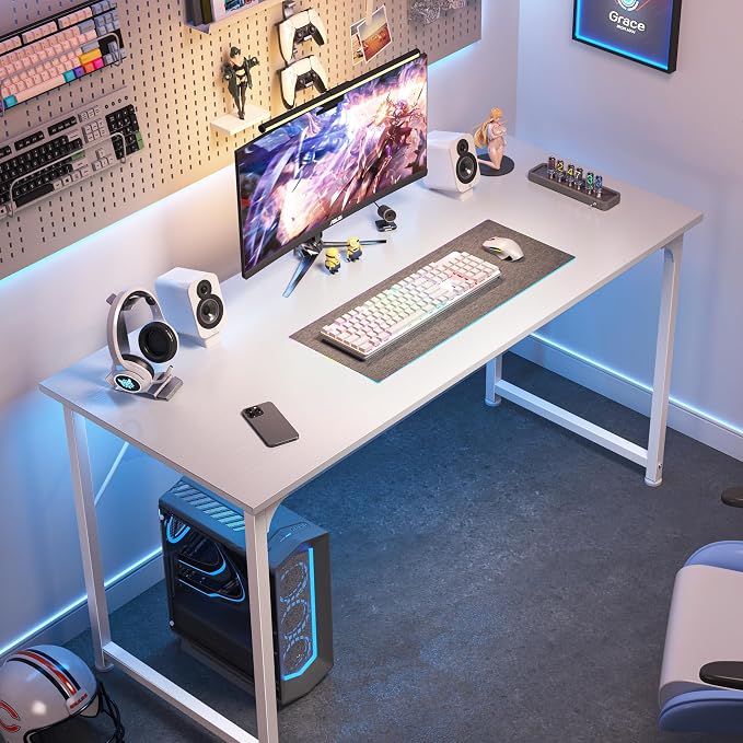 Huuger Computer Desk, 48 Inch Office Desk, Gaming Desk with Storage, Writing Desk Work Desk for Home Office, Study, Modern Simple Desk, Large Legroom, Metal Frame, White - Image 4