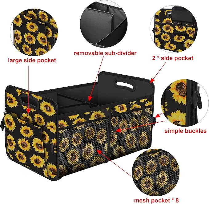 Femuar Car Trunk Organizer with 72L Large Capacity Waterproof Collapsible and 11 Pockets, Trunk Organizer for Car SUV/Jeep/Sedan, Large Size, Sunflower - Image 5
