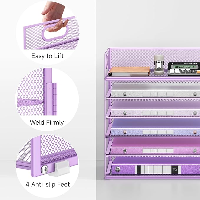 6 Tiers Letter Tray Paper Organizer with Handle, Mesh Desk File Organizer, Metal Desktop Document Shelf Organization, Paper Sorter Organizer for Office, Home or School File Folder Holder - Purple - Image 3