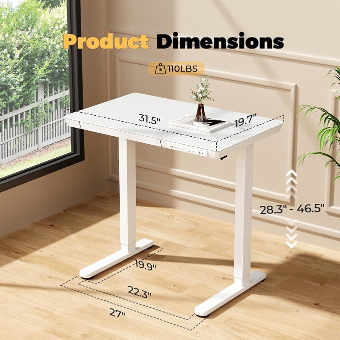 32" Glass Standing Desk with Drawer, Small Electric Desk | Height Adjustable Quick Install One-Piece Tabletop with USB Charging Ports, Sit Stand Computer Desk for Compact Space, White - Image 8