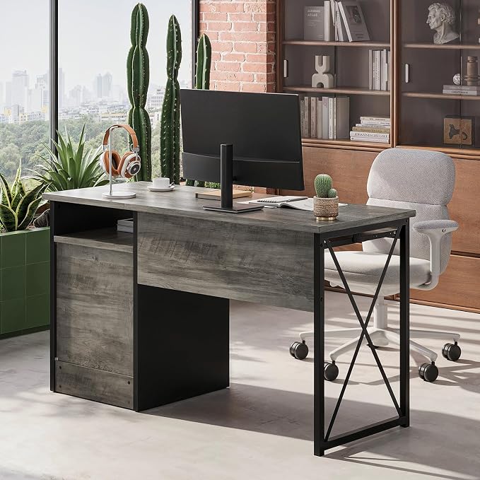 Bestier 47-Inch Office Desk with Storage Cabinet & Keyboard Tray, Grey | 47 Inch Desktop, Right Storage Cabinet, Sliding Keyboard Tray And X-Frame Support Create A Small-Space Home Office Desk. - Image 7
