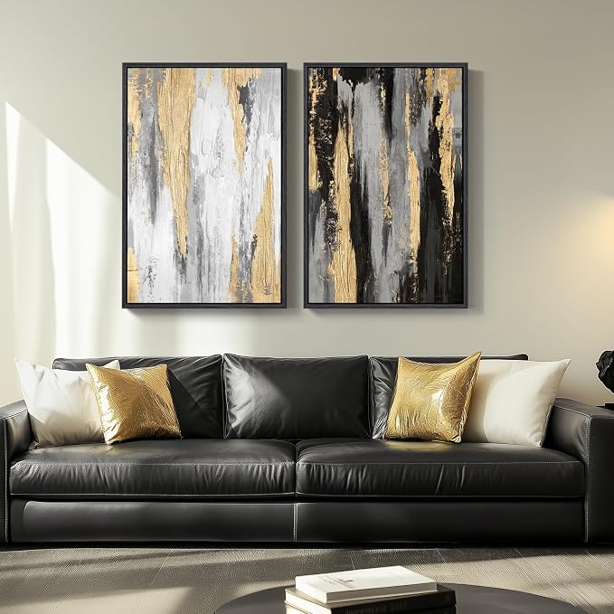 Large Framed Black and White Abstract Wall Art for Living Room, Set of 2 Piece Minimalist Canvas Prints Paintings Artwork for Walls, Modern Black Gold Pictures for Hallway Office Wall Decor Big Size 24x36 In - Image 9