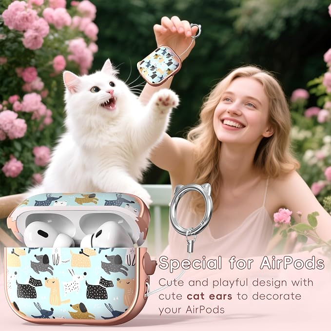 for AirPods Pro 2 Case with Cleaning Kit, Cute Cat Ear Print Design & Cute Buckle for Girls, Phone Holder & Top Safe Lock Buckle Design for AirPods Pro 2nd/1st Gen case, Rose Gold Animal - Image 3