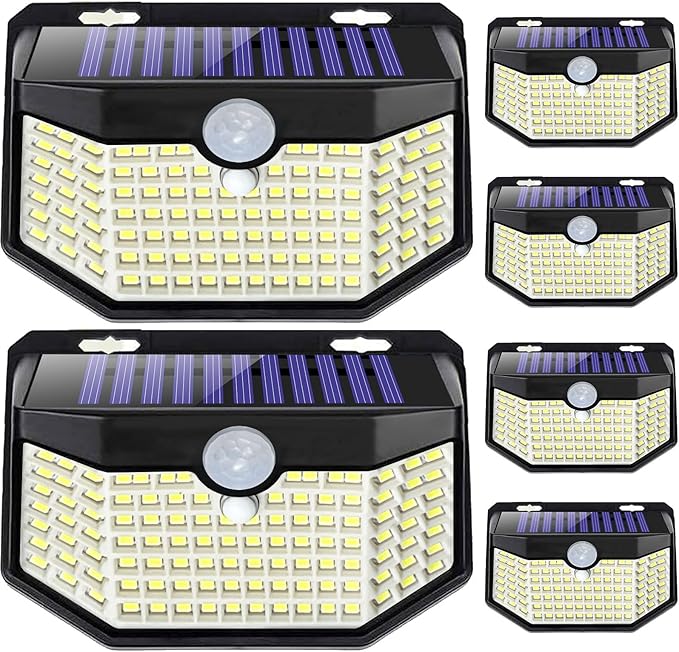 HMCITY 120 LED Outdoor Solar Lights with Motion Sensor and 3 Lighting Modes, IP65 Waterproof Wide Solar Wall Lights Ideal for Garden Patio Yard (Front Button 6Packs, Black Shell-Daylight White) by LightingUpYourLife