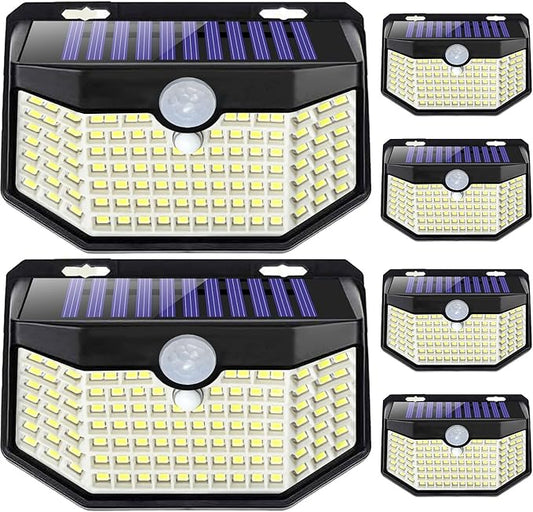 HMCITY 120 LED Outdoor Solar Lights with Motion Sensor and 3 Lighting Modes, IP65 Waterproof Wide Solar Wall Lights Ideal for Garden Patio Yard (Front Button 6Packs, Black Shell-Daylight White) by LightingUpYourLife