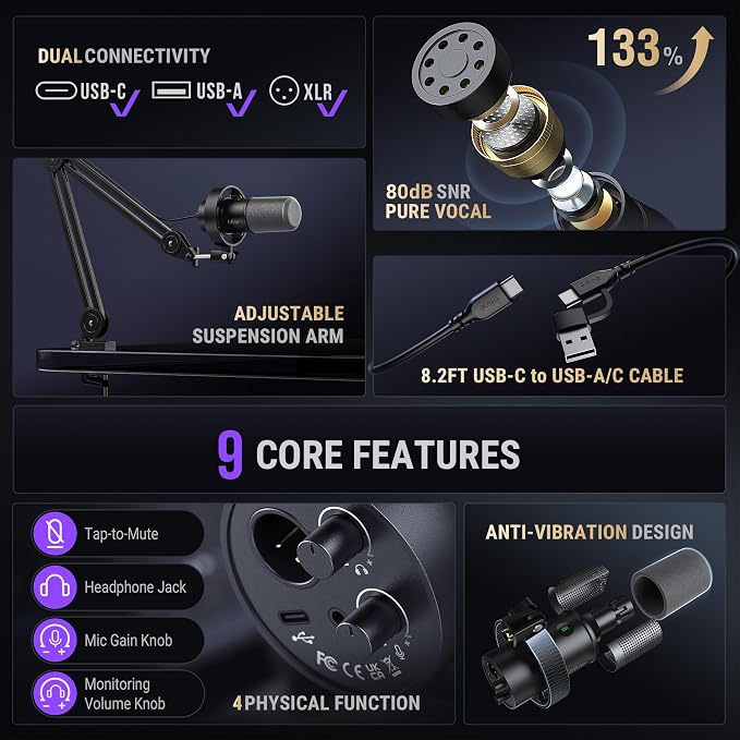 FIFINE AmpliTank K688T Dynamic Microphone Set, Podcast XLR/USB Mic | Studio Streaming Mic with Heavy Duty Boom Arm, Mute Tap, Headphone Jack, for Vocal Content Creation Recording, Metal Built - Image 3