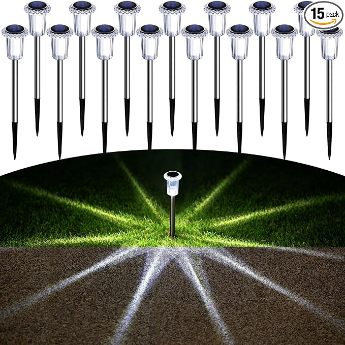 DenicMic Solar Pathway Lights Outdoor Waterproof Cold White LED 15 Pack | Yard Garden Driveway Walkway Landscape Path Lights, Starburst Pattern, Acrylic Diamond-like Lampshade Stainless Steel Pole by Denicmic