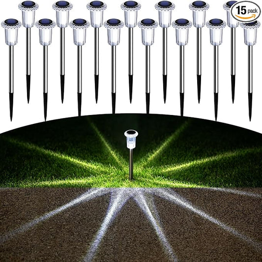 DenicMic Solar Pathway Lights Outdoor Waterproof Cold White LED 15 Pack | Yard Garden Driveway Walkway Landscape Path Lights, Starburst Pattern, Acrylic Diamond-like Lampshade Stainless Steel Pole by Denicmic