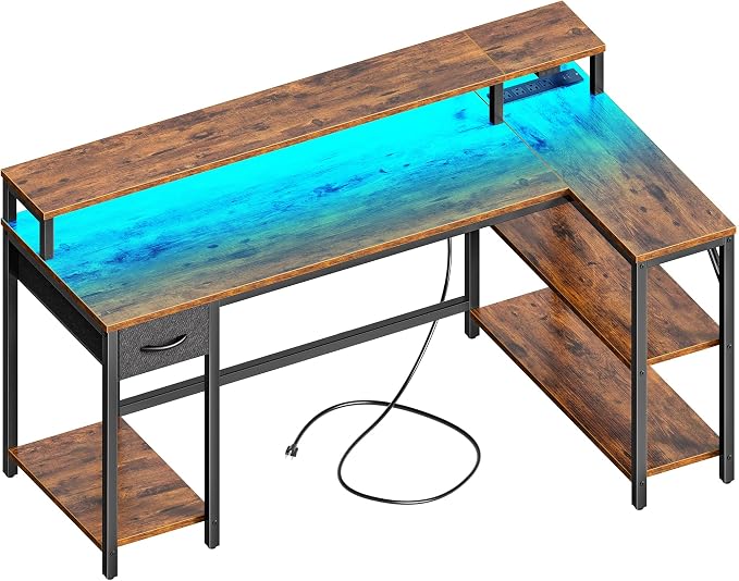 SUPERJARE 53 inch Reversible L Shaped Desk with LED Lights & Power Outlets, Computer Desk with Shelves & Monitor Stand, Gaming Desk with Drawer, Home Office Desk Corner Desk, Rustic Brown by SUPERJARE